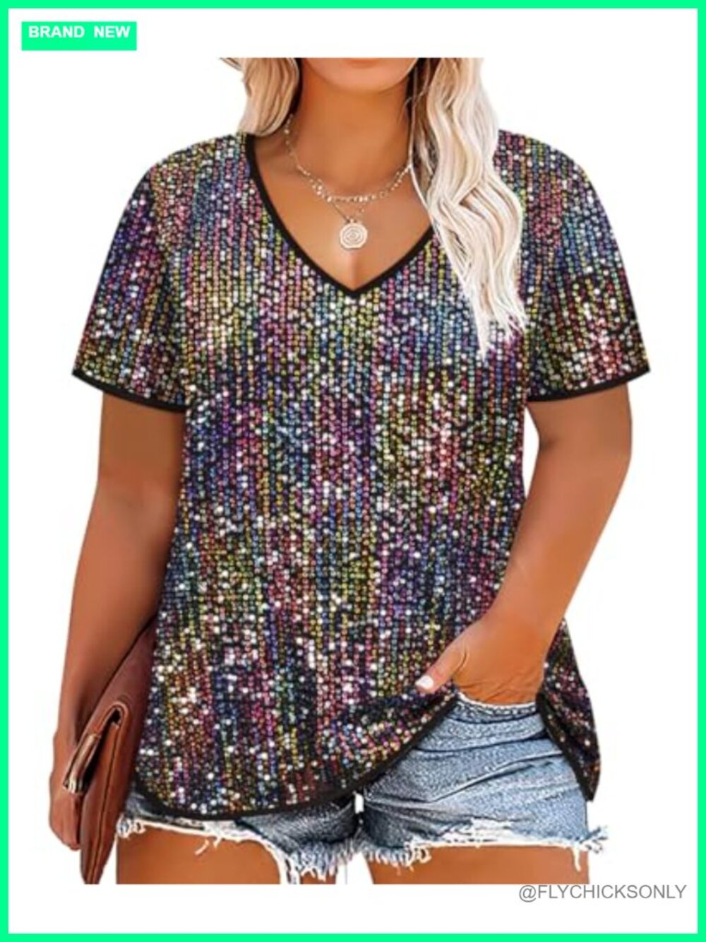 Plus Size Sequin V Neck Short Sleeve Party Blouse Sparkle Shimmer Top